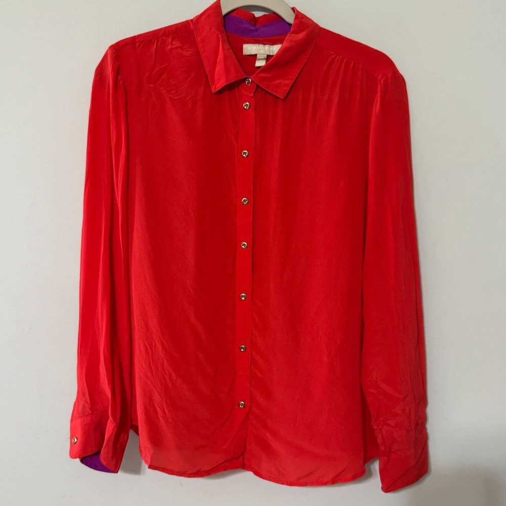 Banana Republic Womens Red 100% Silk Long Sleeve Button Down Blouse Large Petite